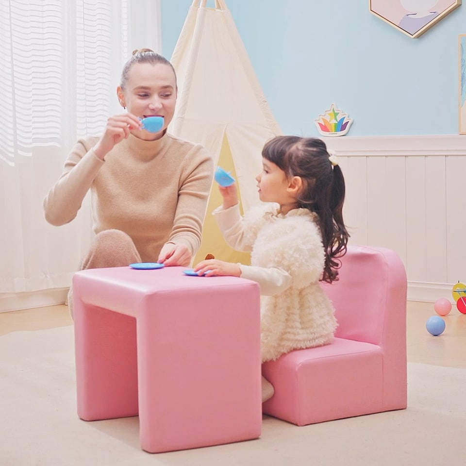 image 1 of HOMCOM Kids Mini Sofa Armchair Seat 2 In 1 Table Chair Set for 3 years | Pink | One Size