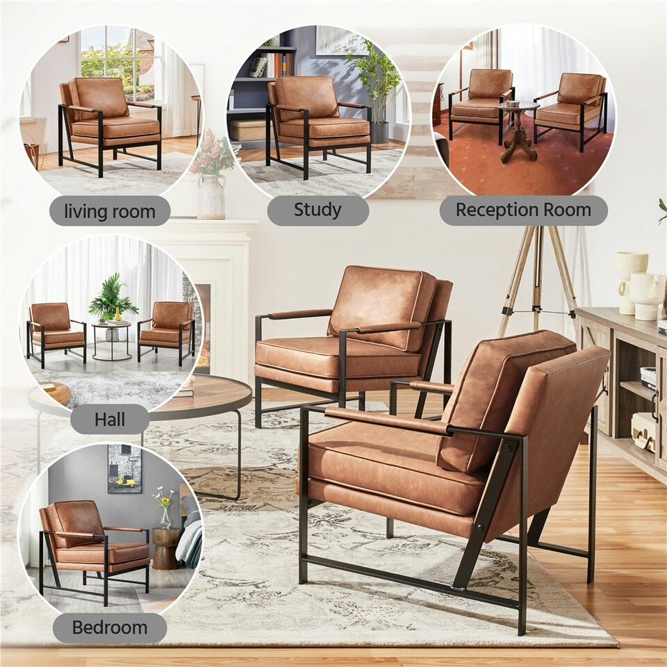image 1 of Yaheetech Retro Accent Chair with Metal Arms Back Cushion Brown | Light Brown