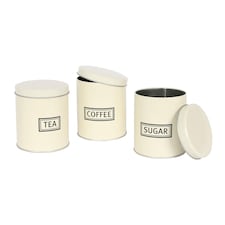 Harbour Housewares 3pc Round Metal Tea Coffee Sugar Canister Set - Cream