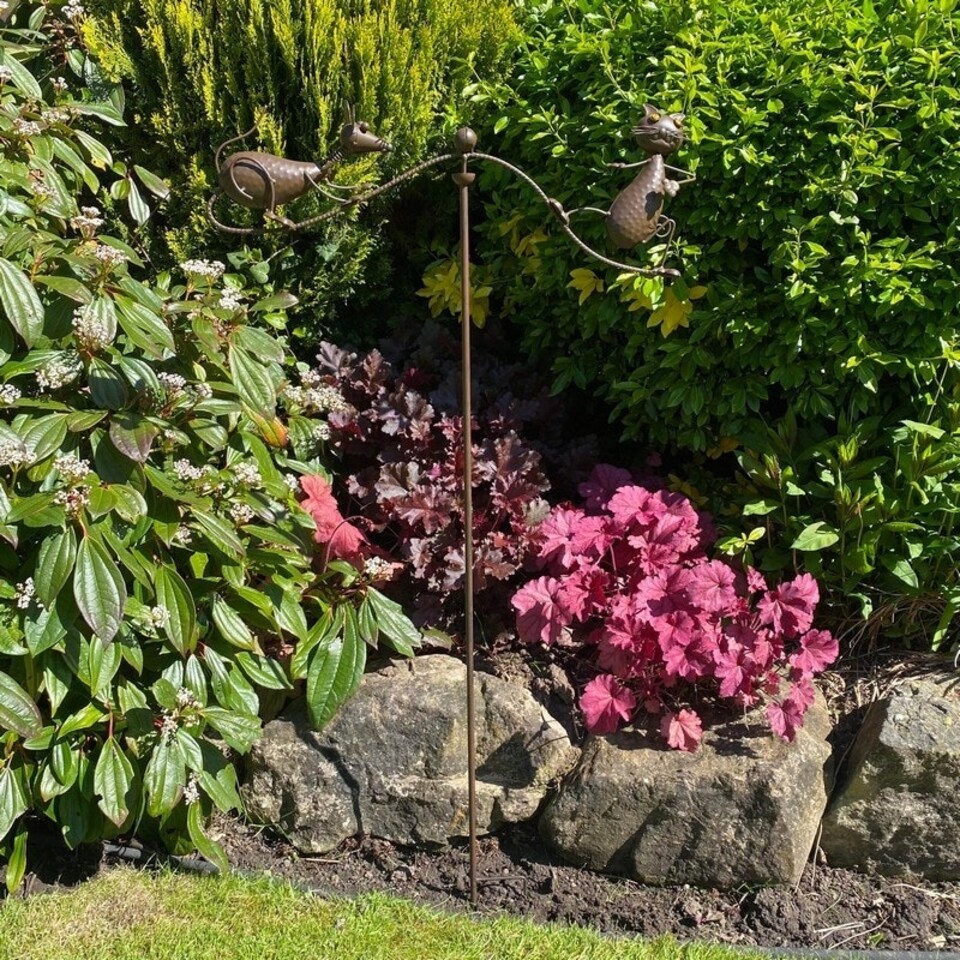 image 1 of 54 Inch Garden Balance Cat with Mouse Stake - Metal - L70 x W70 x H120 cm