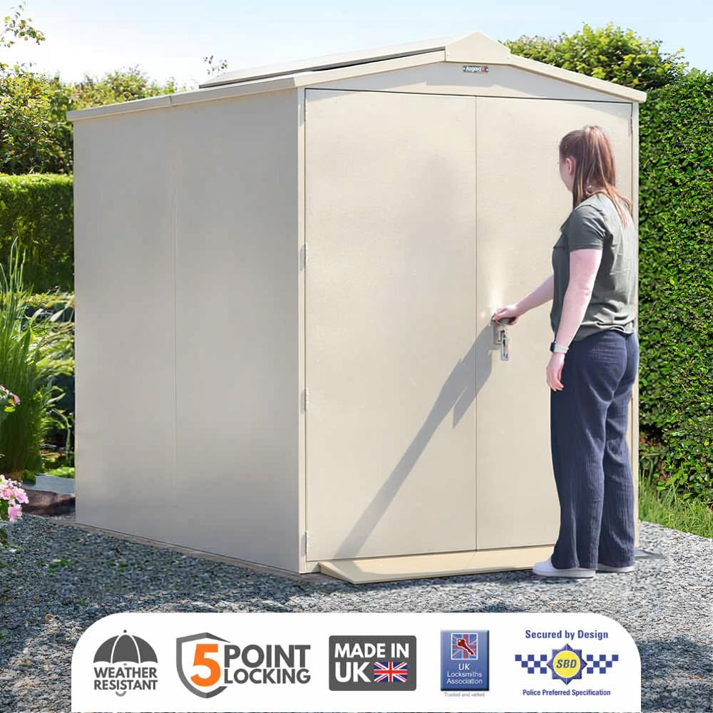 ASGARD Centurion Secured by Design High Security metal garden shed in CREAM with full metal floor and 5 point locking (5 x 7)