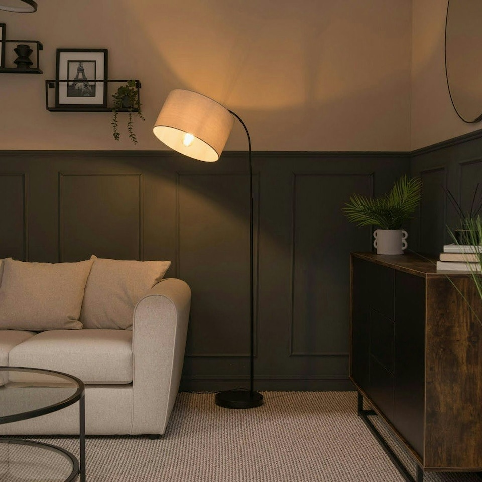 image 1 of ValueLights Modern Designer Style Black Curved Stem Floor Lamp With Grey Drum Shade