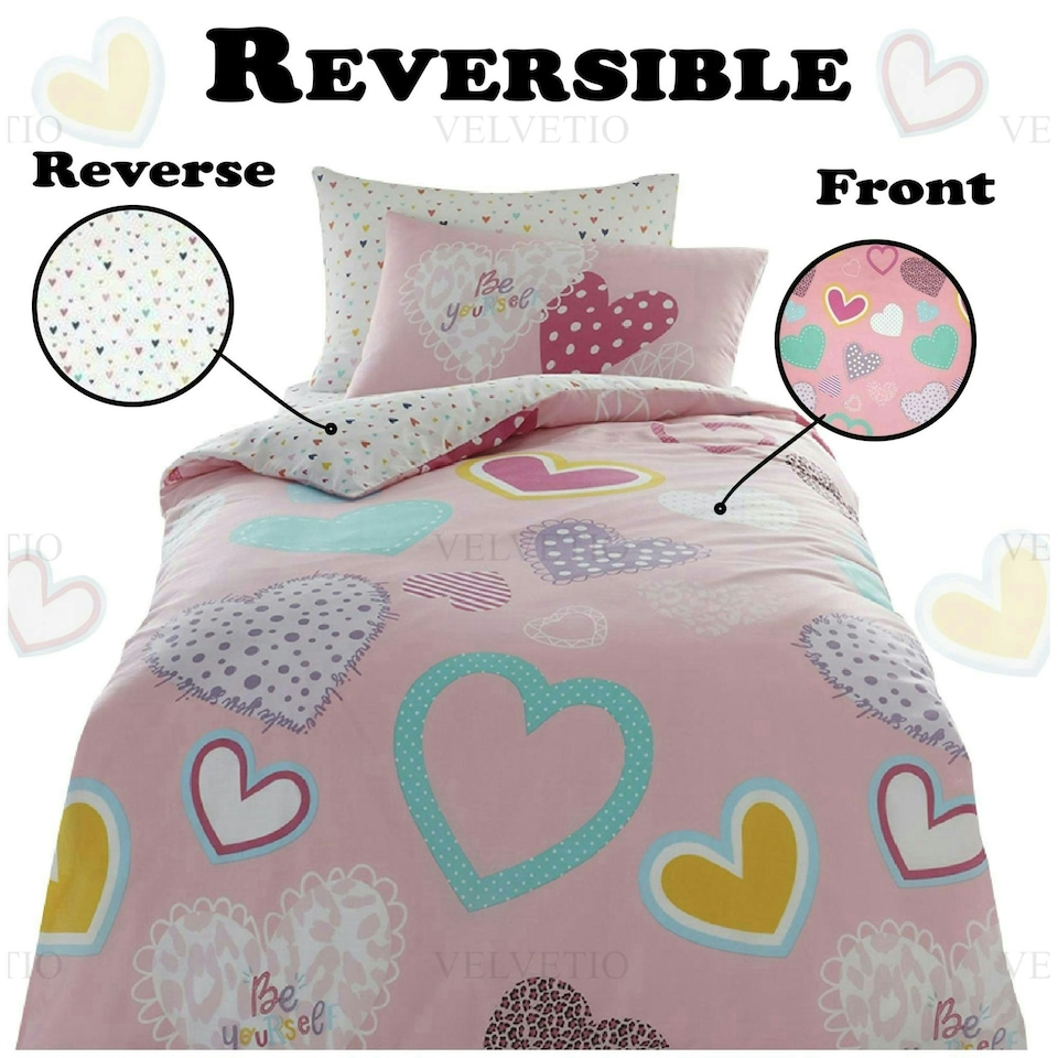 image 1 of VELVETIO Hearts Duvet Cover Set Reversible Polycotton Kids Beddings Pink | Single
