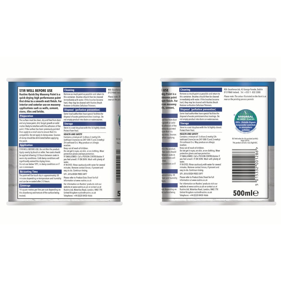 image 1 of Rustins Quick Dry Masonry Paint Matt Cream 500ml