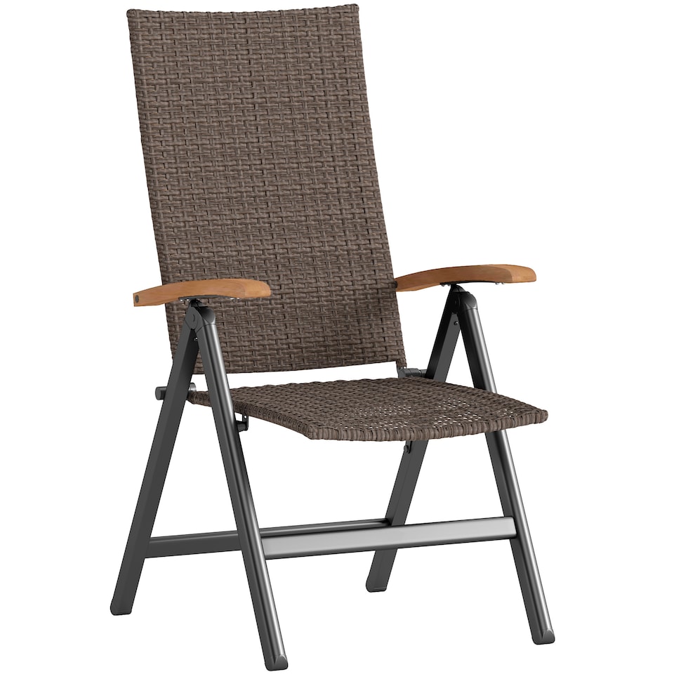 image 1 of Outsunny Folding Garden Chair, 5-level Reclining PE Rattan Garden Dining Chair with Wood Armrests, High Back and Steel Frame for Outdoor, Patio, Terrace, Porch, Brown | Brown | Brown