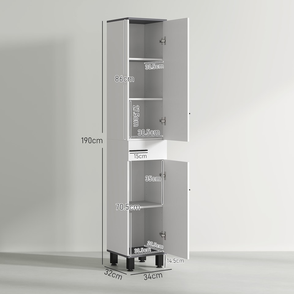 image 1 of HOMCOM Bathroom Storage Cabinet, Tall Cabinet, Bathroom Storage Unit with Adjustable Shelves, Double Doors and Drawer