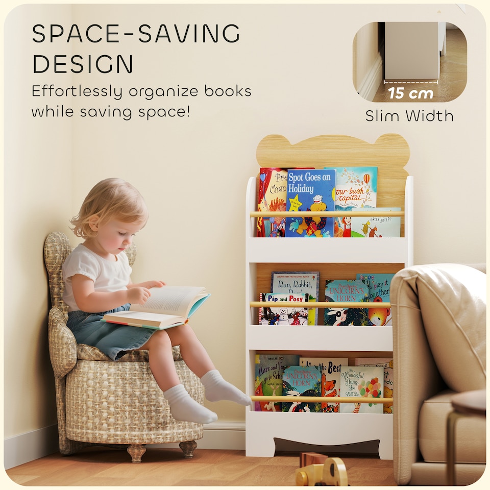 image 1 of AIYAPLAY Kids Bookshelf, 3 Tier Children Bookcase, Bear Theme Toddler Space-Saving Bookcase for Living Room, Kids Room, Playroom, White
