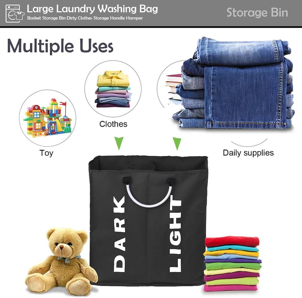 image 1 of Double Collapsible Laundry Basket Bag Divided Clothes Hamper with Handles Foldable Washing Basket for Laundry Sorting Storage