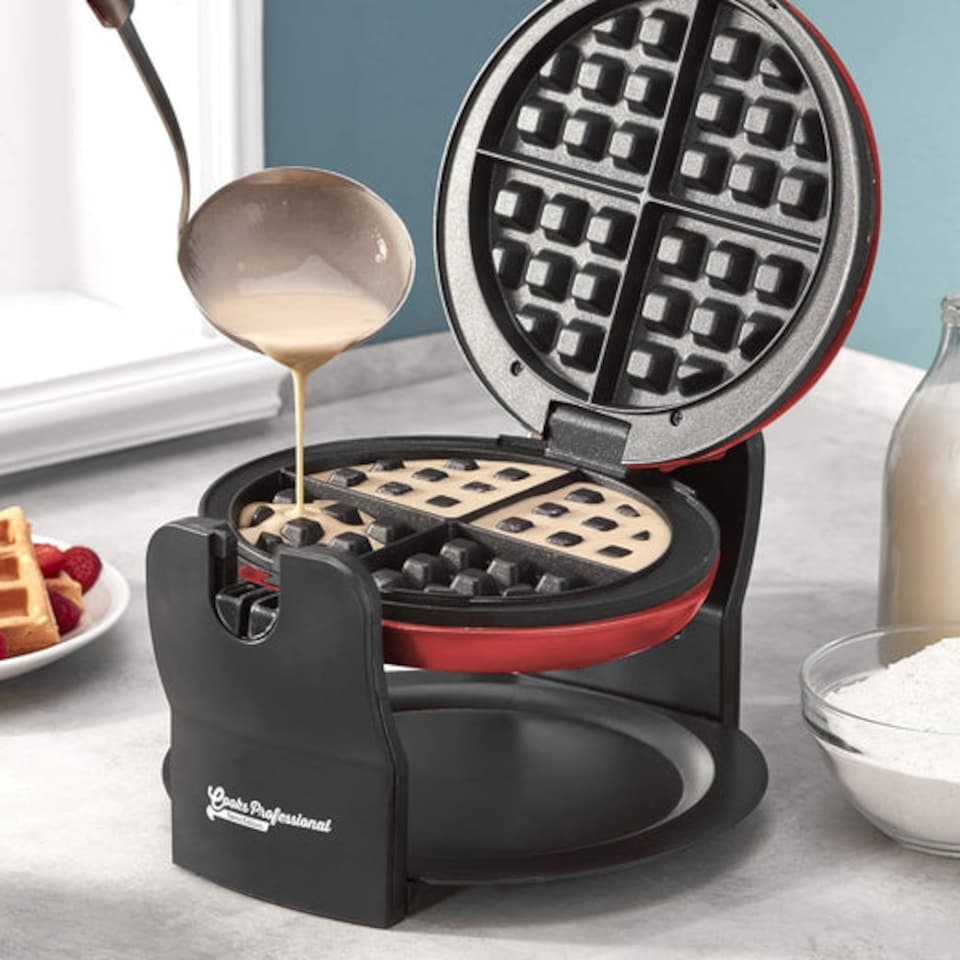 image 1 of Cooks Professional Rotary Belgian Waffle Maker Machine with Non-Stick Plates & Drip Tray | Red