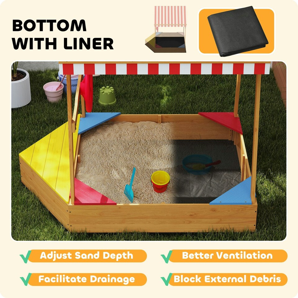 image 1 of AIYAPLAY Wooden Kids Sandpit with Canopy, Seats, Rudder & Bottom Liner
