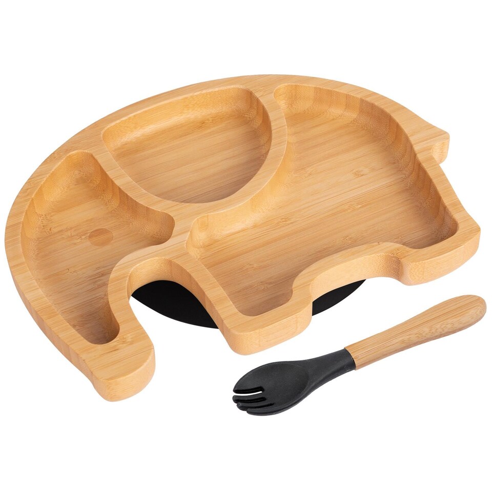 image 1 of Tiny Dining Bamboo Elephant Baby Weaning Plate & Fork Set - Black