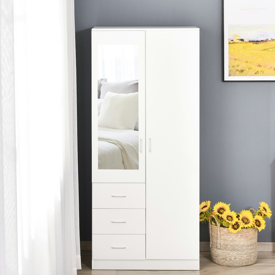 image 1 of HOMCOM 2-Door Wardrobe w/ Adjustable Shelf 3 Drawers for Bedroom, 180cm, White
