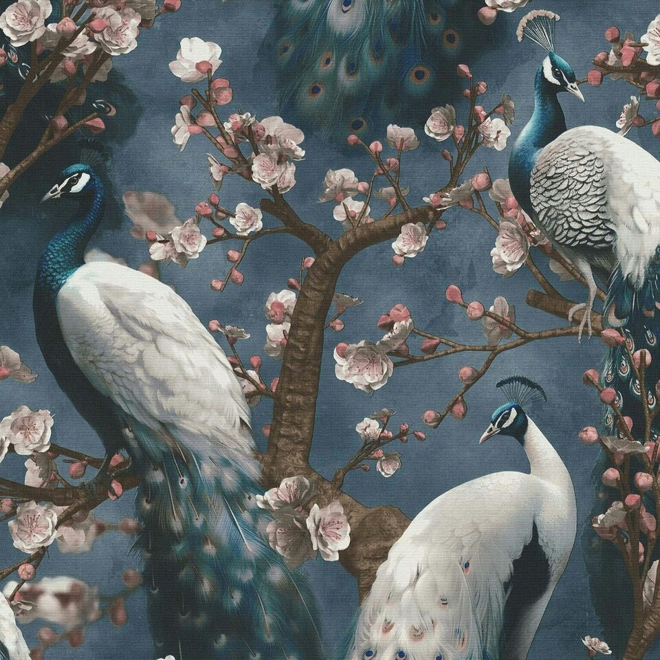 image 1 of Erismann Play Of Light Peacock Vinyl Textured Wallpaper - Navy Blue - 10m x 53cm Blue