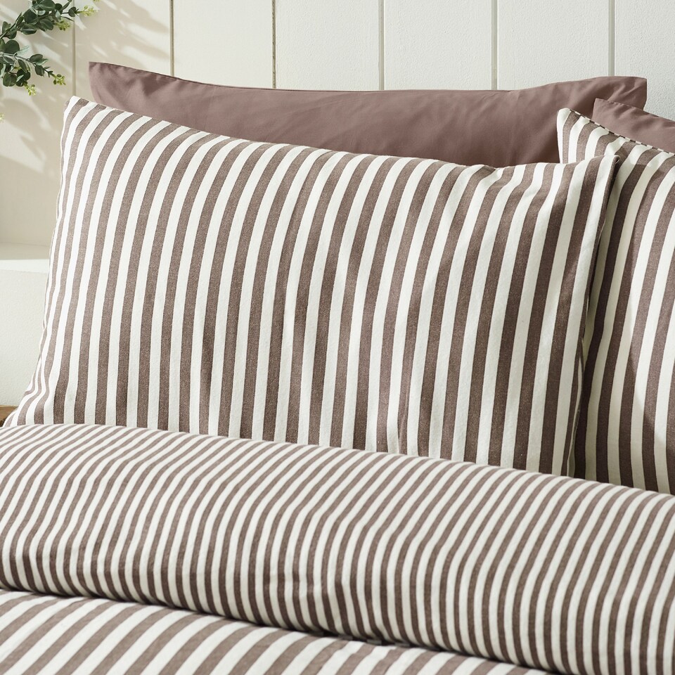 image 1 of Catherine Lansfield Brushed Stripe Cotton Reversible Duvet Cover Set