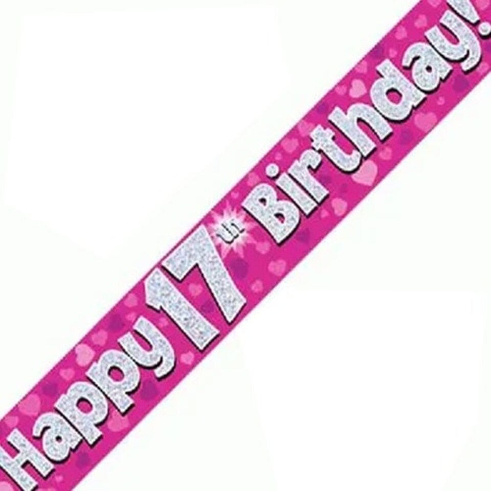 Pink Happy 17th Birthday Holographic Foil Banner 274cm
