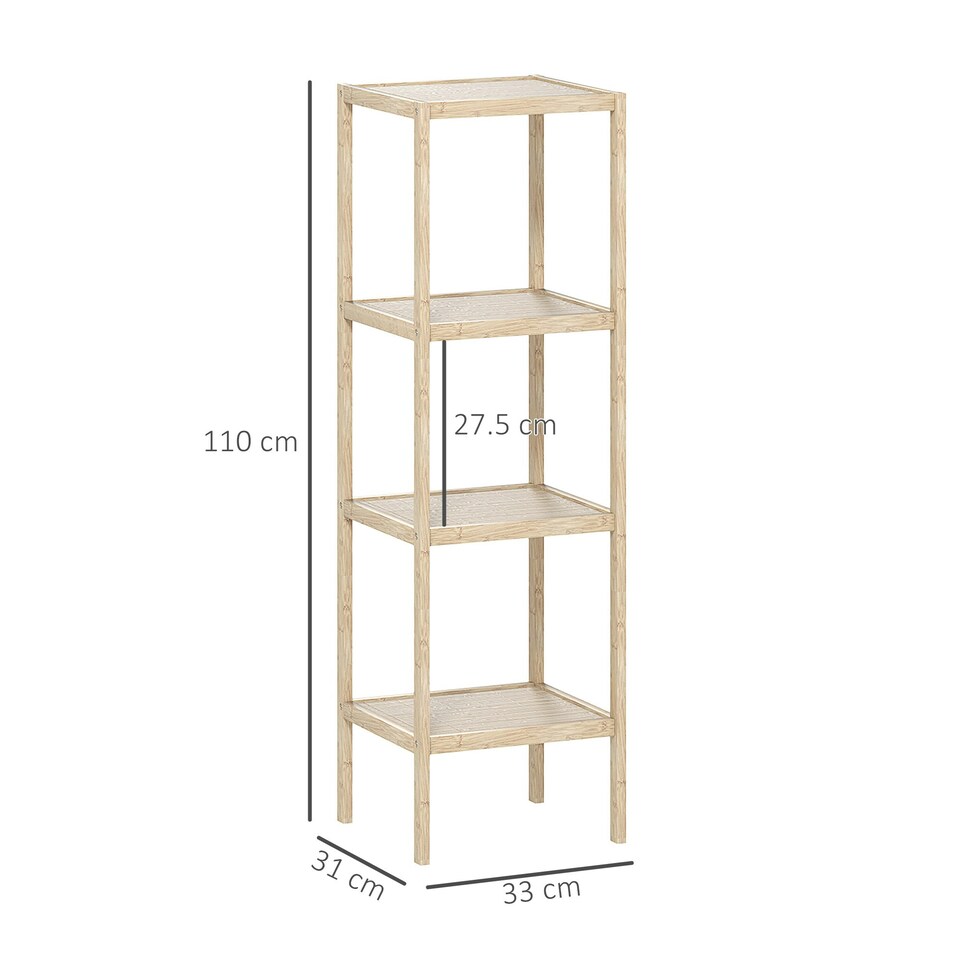 image 1 of 4-Tier Bathroom Storage Shelving Unit, Freestanding Bamboo Shelves, Natural Yellow