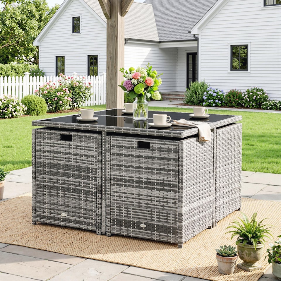 image 1 of Outsunny 8 Seater Cube Rattan Garden Dining Set with Cushions, Grey
