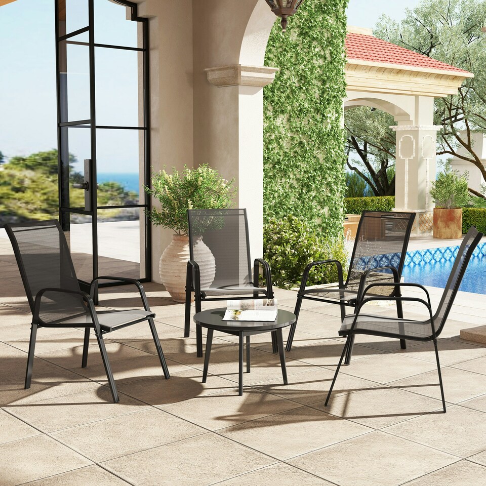 image 1 of Outsunny 4-Piece Stackable Garden Chairs, Black Black | Black