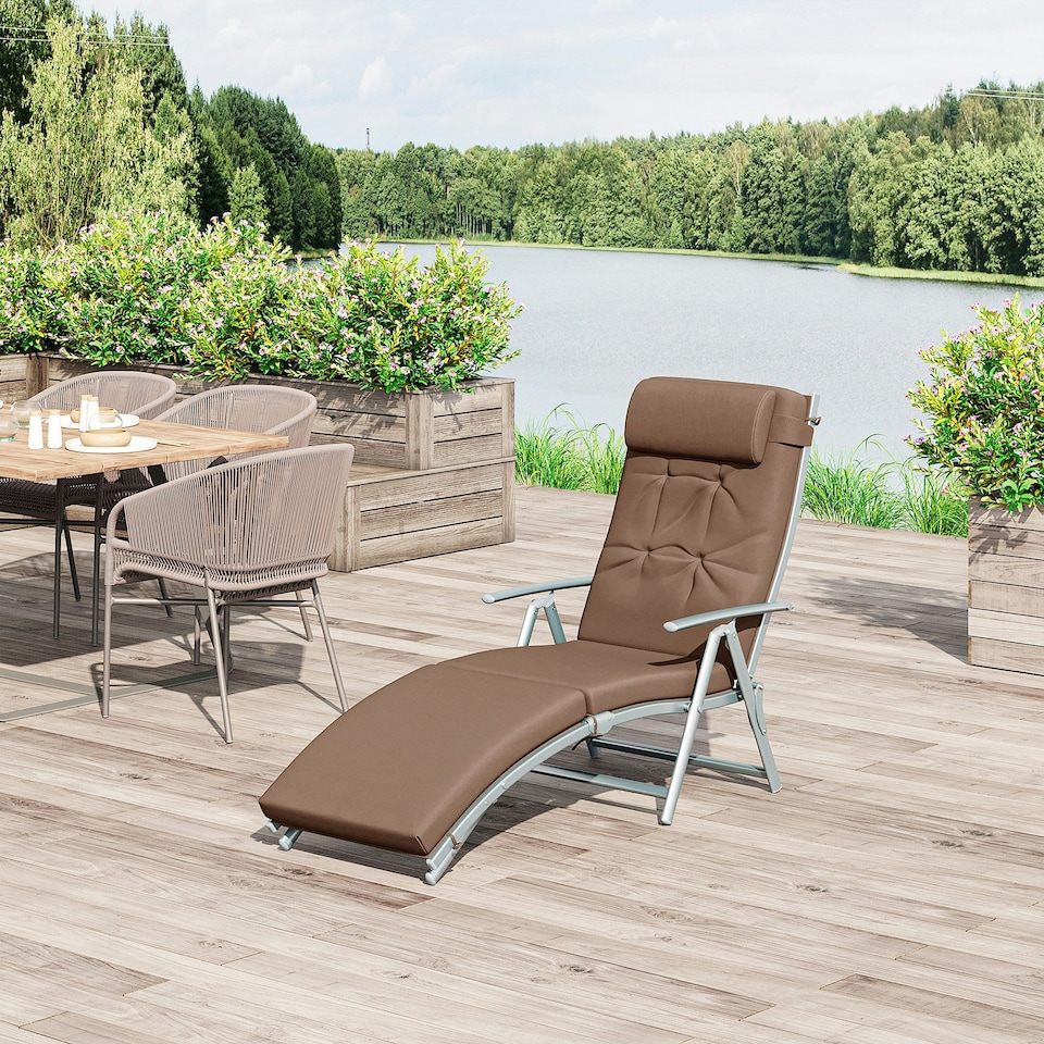 image 1 of Outsunny Sun Lounger Recliner Foldable Padded Seat Adjustable Texteline Brown
