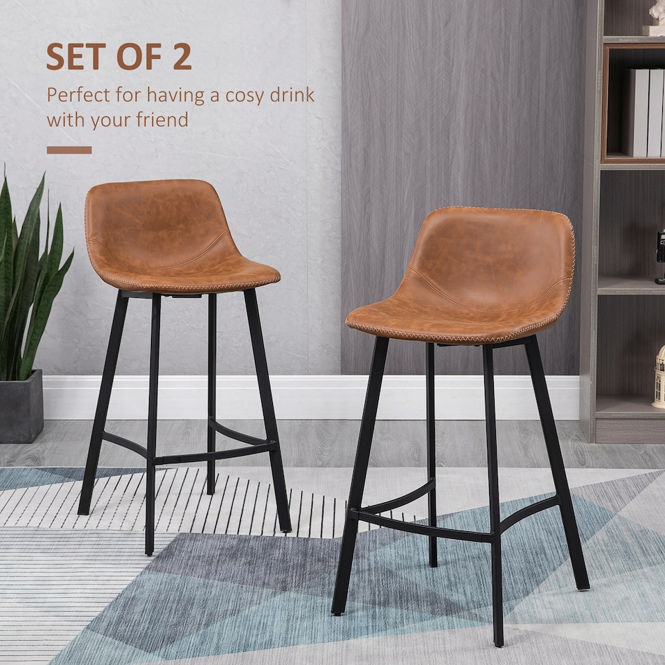 image 1 of HOMCOM Bar Stools Set of 2, Bar Chairs with Back and Steel Legs, Brown