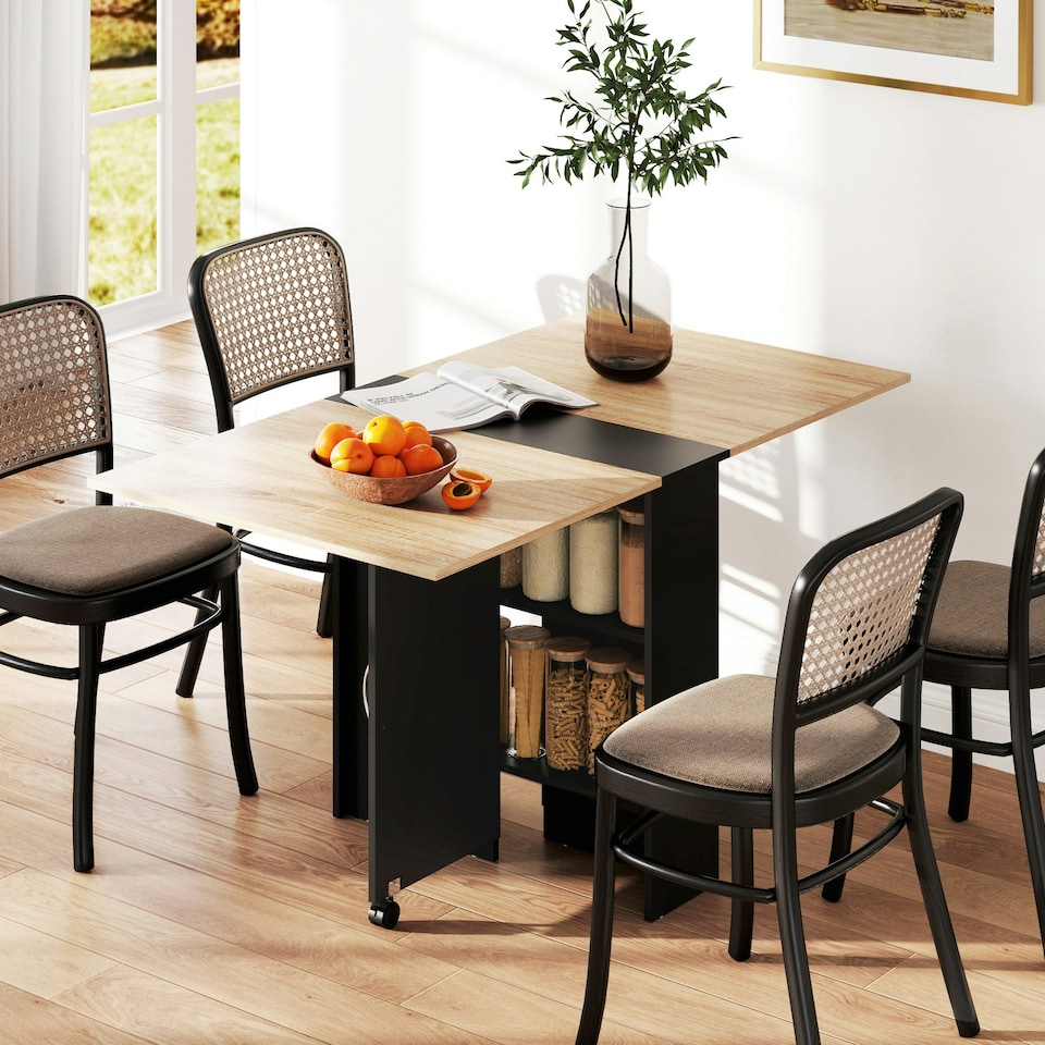 image 1 of HOMCOM Folding Dining Table, Drop Leaf Table with 2-Tier Shelves, Rolling Casters, for Small Spaces, Kitchen, Grey
