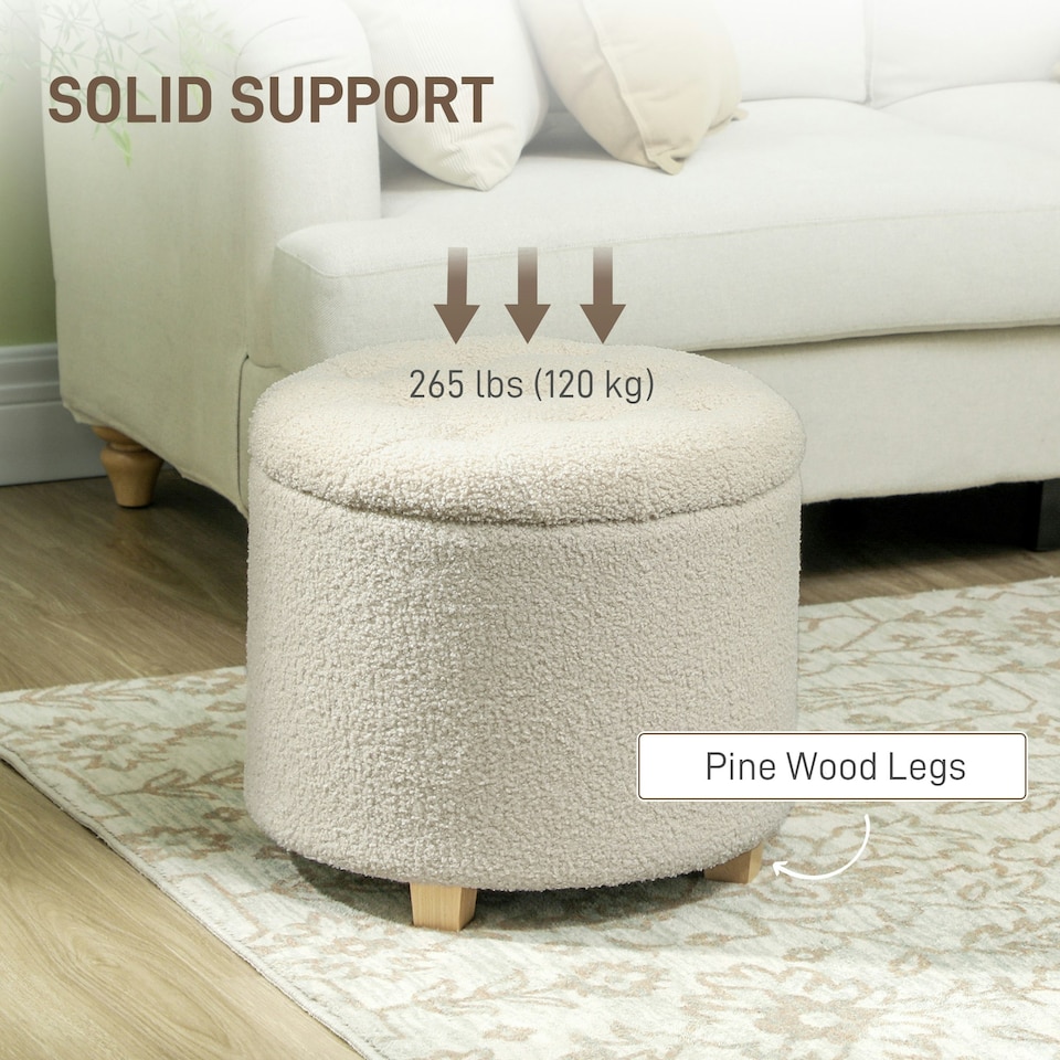 image 1 of HOMCOM 45cm Round Ottoman with Storage, Lid, Cashmere Footstool, Cream White | Cream