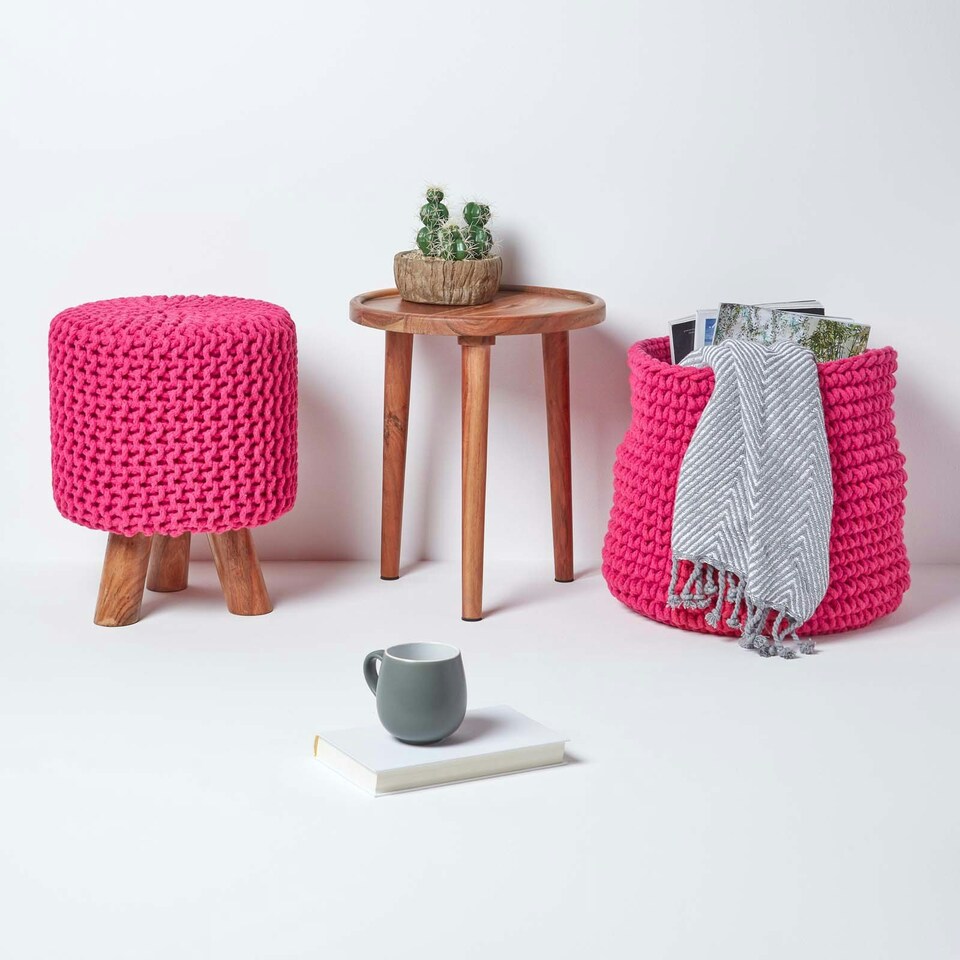 image 1 of Homescapes Hot Pink Tall Cotton Knitted Footstool on Legs