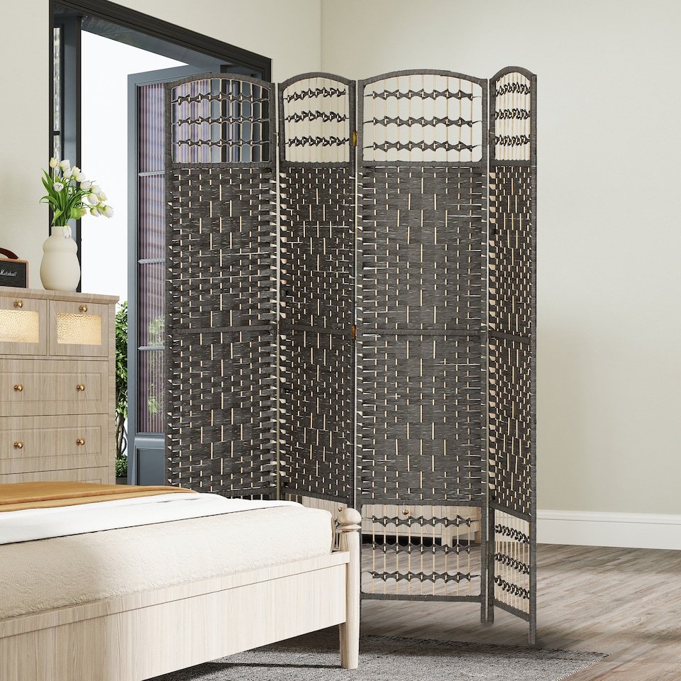 image 1 of HOMCOM 4 Panel Folding Privacy Screen with Pine Wood Frame, Dark Grey