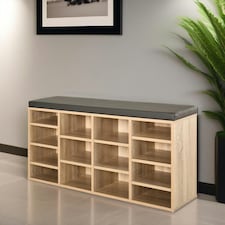 Industrial Shoe Storage Bench With Cushion Seat With 14 Compartments Brown