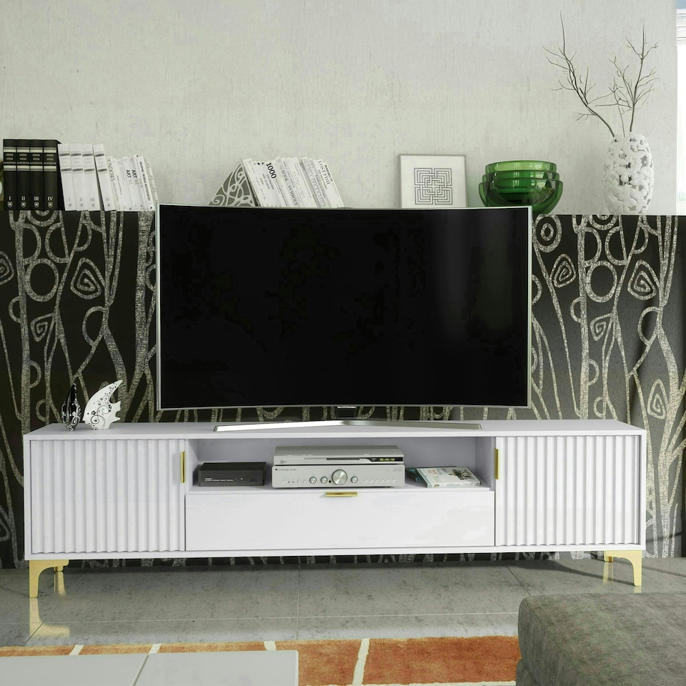 image 1 of TV Unit 200cm White with Fluted Doors, Gold Details and Drawer White