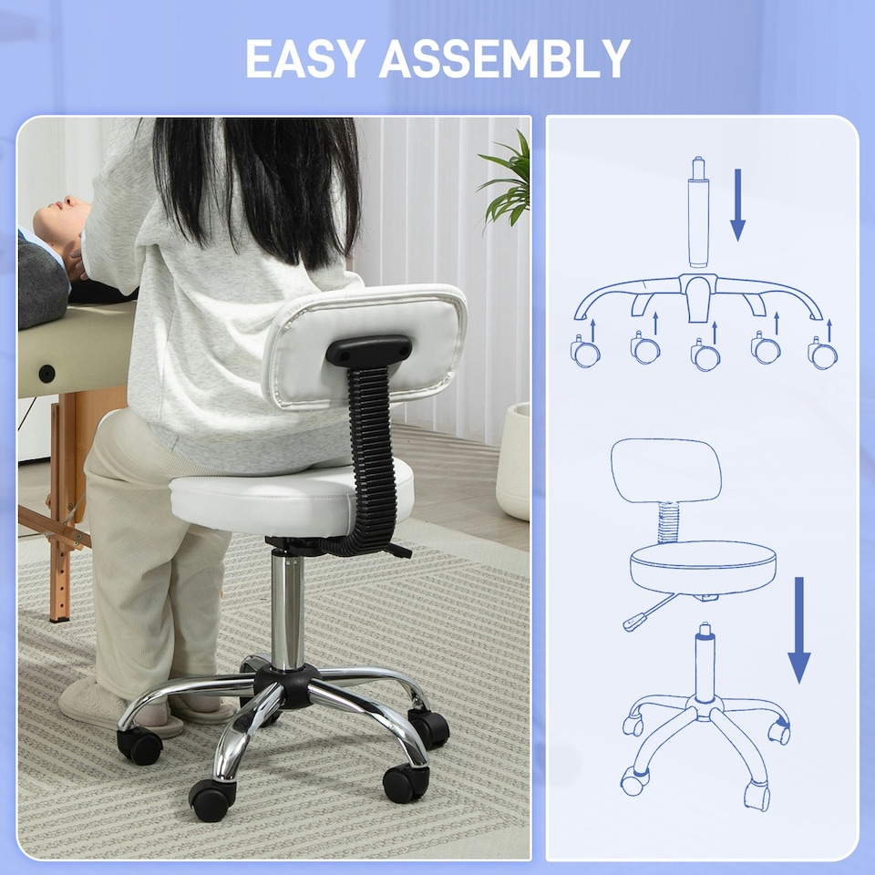 image 1 of HOMCOM Rolling Stool with Backrest, Wheels, Faux Leather Salon Chair White