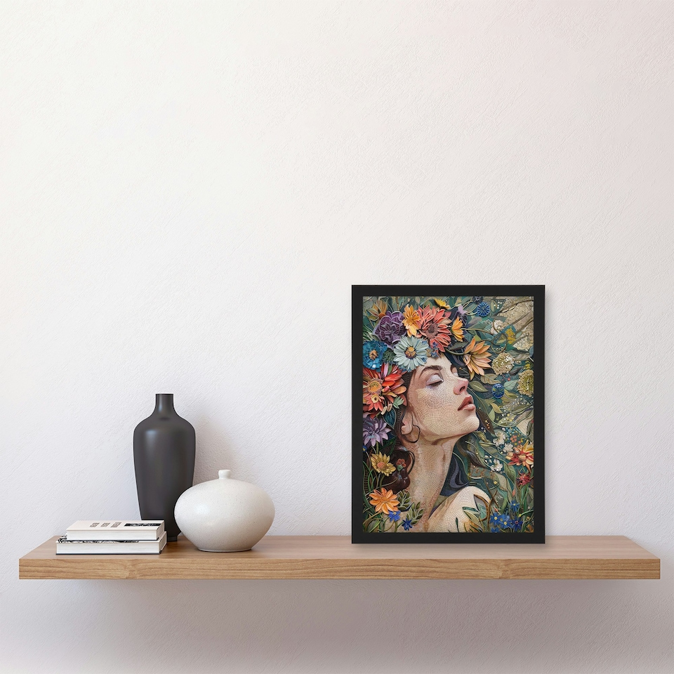 image 1 of Woman Boho Portrait Spring Flowers Mosaic Black Framed Wall Art Print A4
