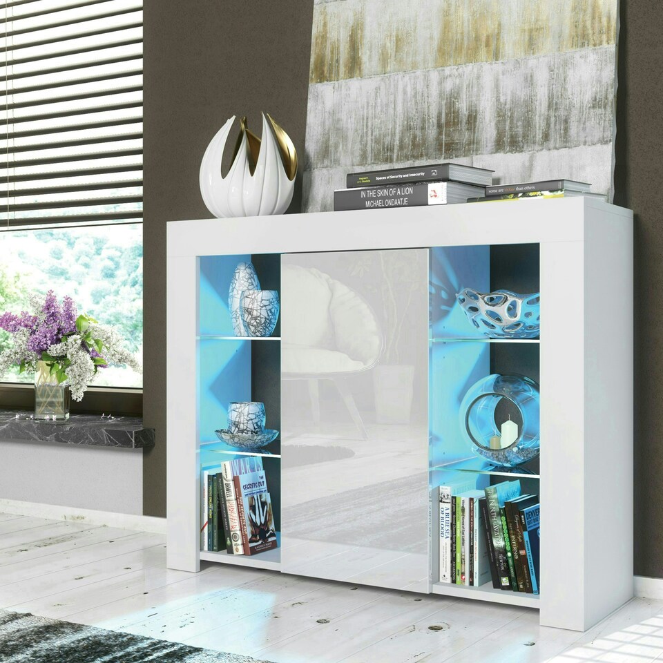 image 1 of Sideboard 97.5cm White Gloss Door White Matt Body Glass Shelves Free LED White