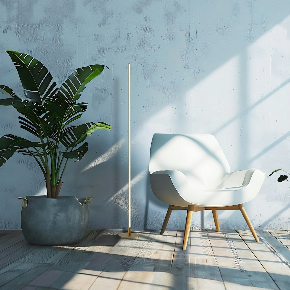 image 1 of Modern Sleek Stick Style LED Standard Floor Lamp in Brush Gold with Foot Dimmer