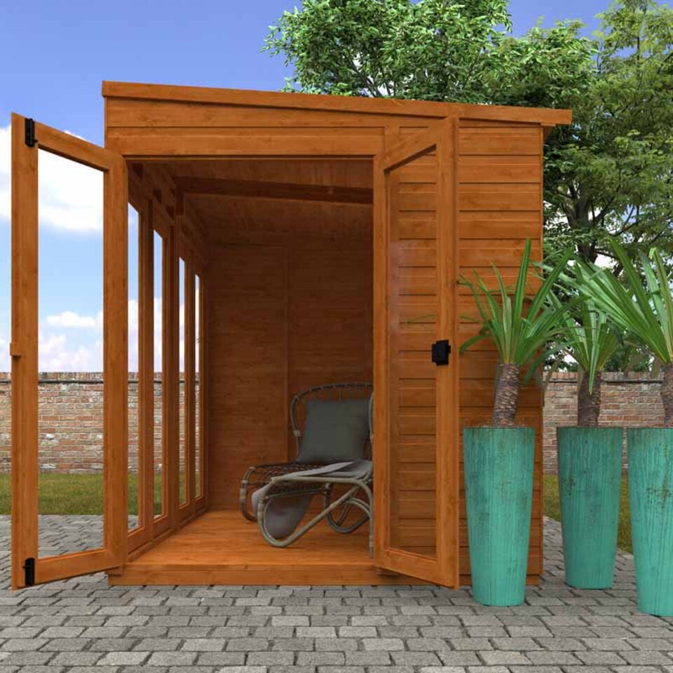 image 1 of 8x6 Flex Pent Full Pane Summerhouse 12mm Flex - L238.8 x W175 x H203 cm - Solid Wood/Softwood/Pine - Burnt Orange