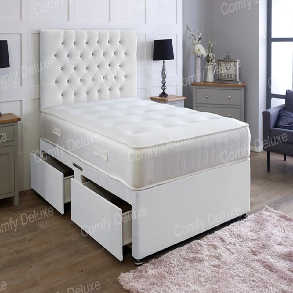 5ft Kingszie White Plush Velvet Divan Bed With Headboard & Memory Sprung Mattress No Drawers