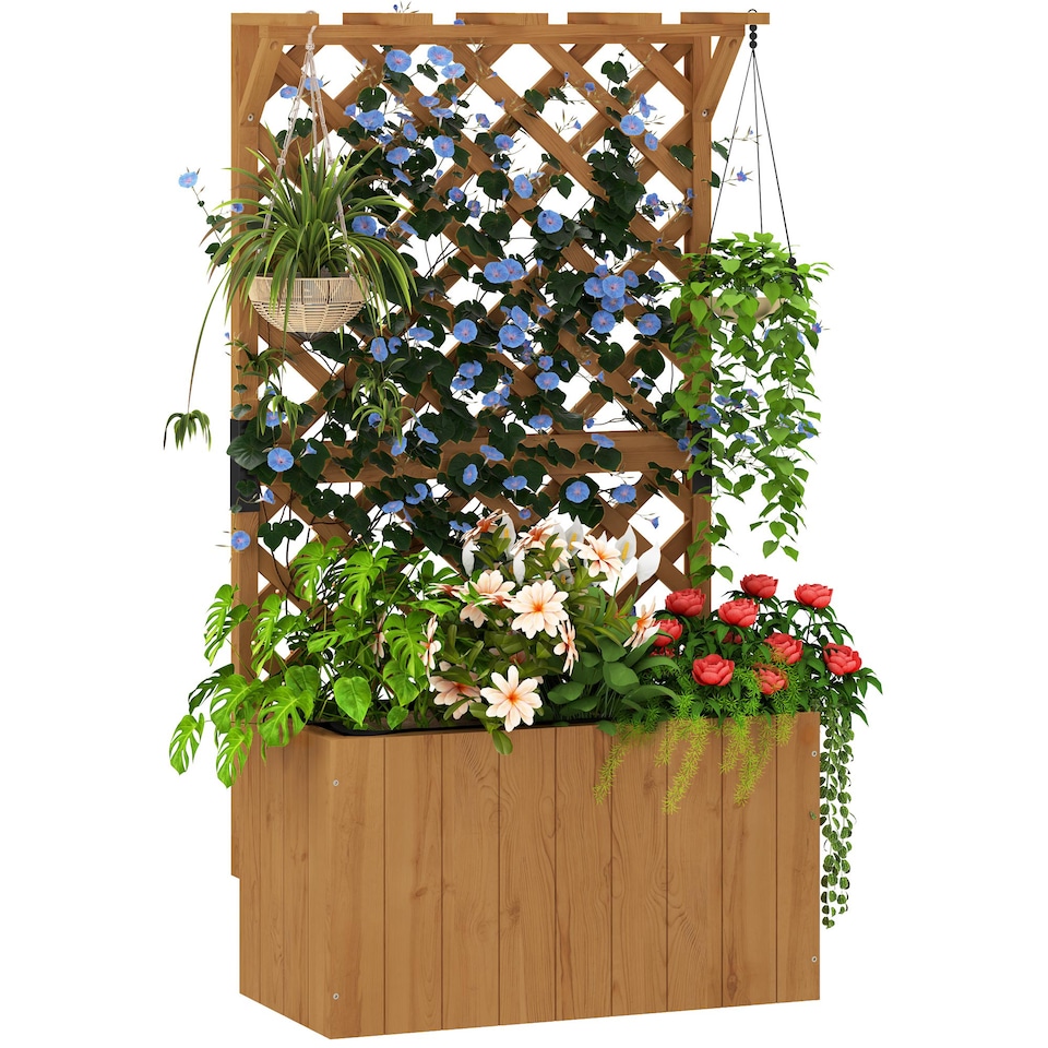 image 1 of Outsunny Outdoor Wooden Planter with Trellis and Drainage Holes, Natural