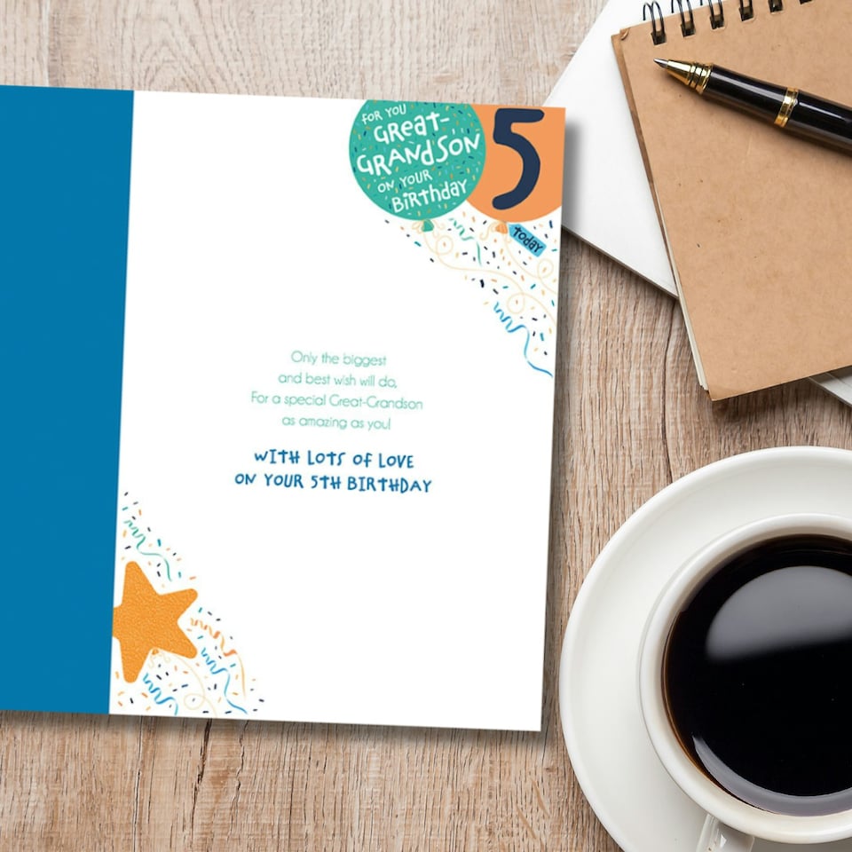 image 1 of Words 'n' Wishes 5th Birthday Card for Great Grandson, Patterned & Foiled Letters With Balloons, Multicoloured, 23.5 x 16.5 cms