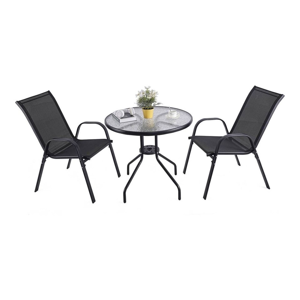 image 1 of 3 Pcs Garden Round Glass Top Table & 2 Chairs Bistro Set