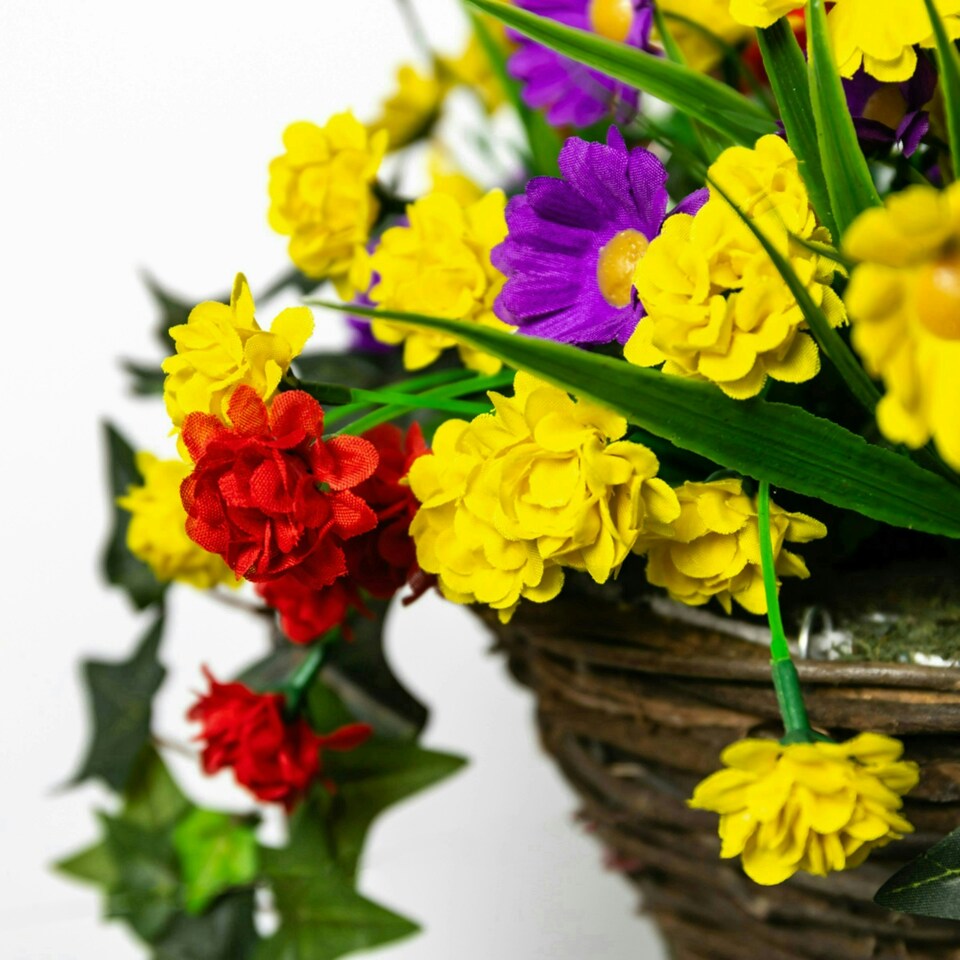 image 1 of Primrose Artificial Wildflower Flowers Hanging Basket Purple Yellow Orange 25cm