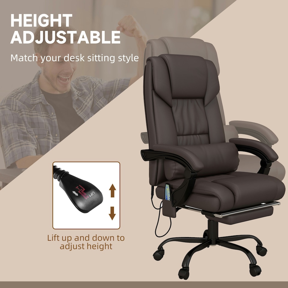 image 1 of Vinsetto PU Leather Massage Office Chair Height Adjustable Brown