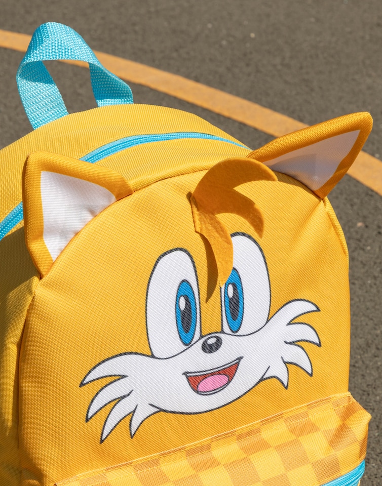 image 1 of Sonic the Hedgehog Kids 3D Tails Backpack - Yellow 'Time To Fly' Character Bag with Checkered Front Pocket - Zip Closure School Bag for Boys & Girls - Sonic Merch Rucksack | Yellow | Yellow