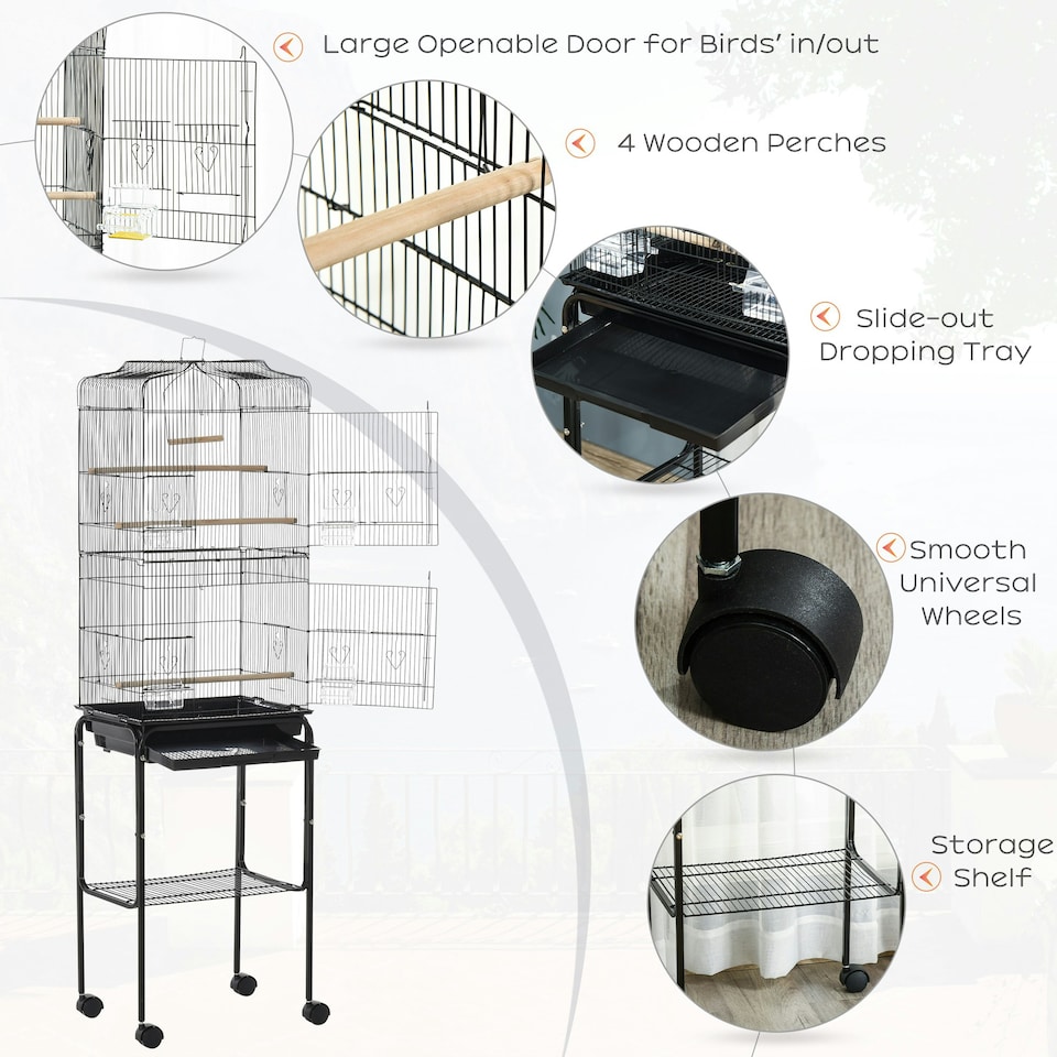 image 1 of PawHut Bird Cage for Budgie Finch Canary Parakeet W/ Stand Sliding Tray Black