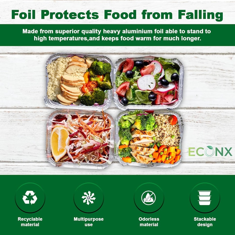 image 1 of ECONX No.2 Aluminium Disposable Foil Food Container With Lids Reusable Takeaway Containers 50PC