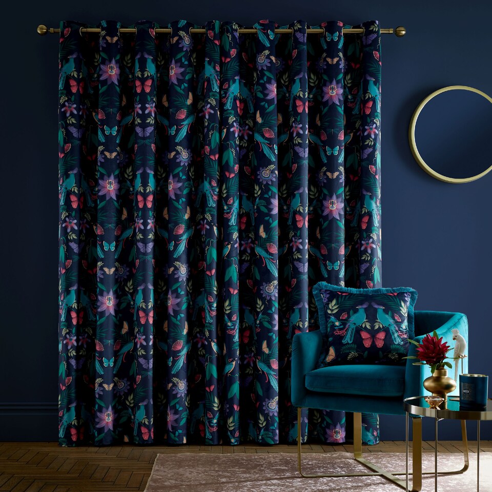 image 1 of Catherine Lansfield Mya Tropical Birds Eyelet Curtains | Blue | Navy Blue