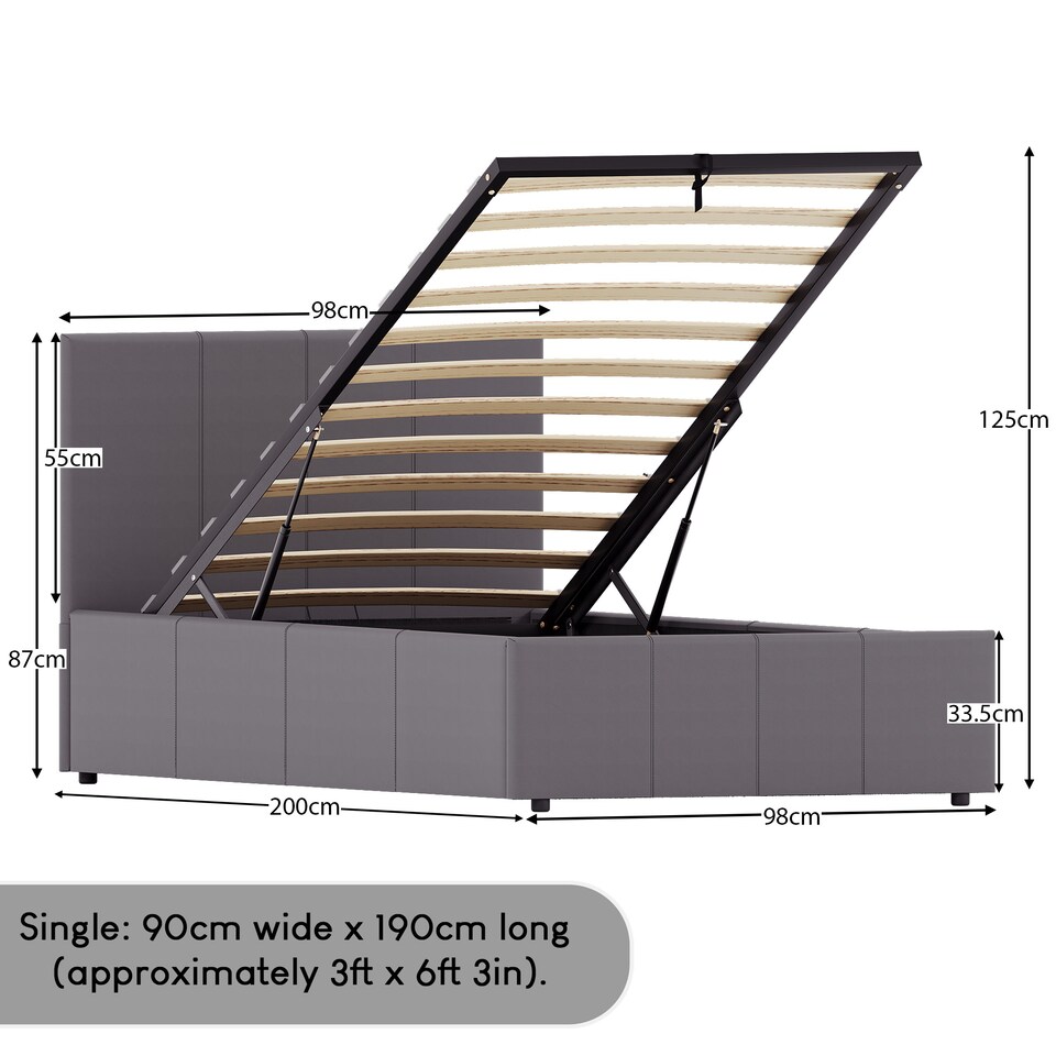 image 1 of Vida Designs Lisbon 3ft Single Ottoman Bed Storage Faux Leather, Grey, 90 x 190cm