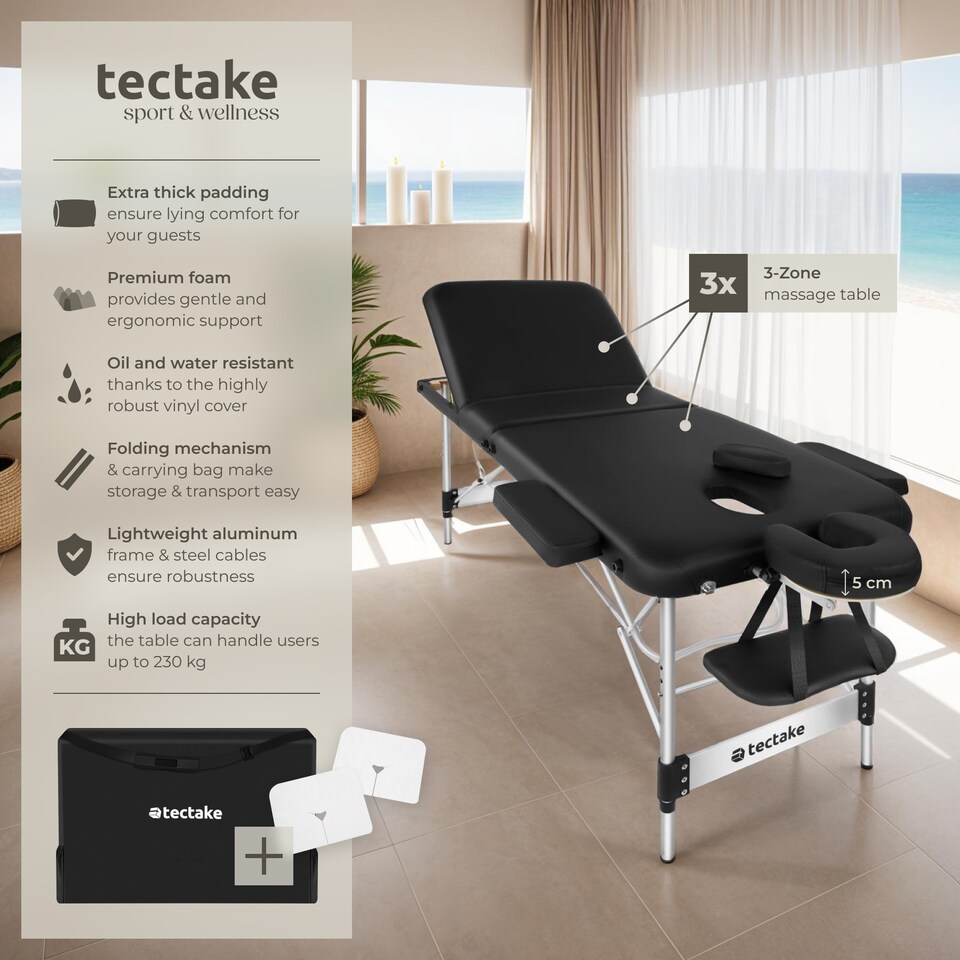 image 1 of Massage Table Phuket - 3 zones, 70 cm wide, aluminium frame, carry bag and masks | Black | black | 1