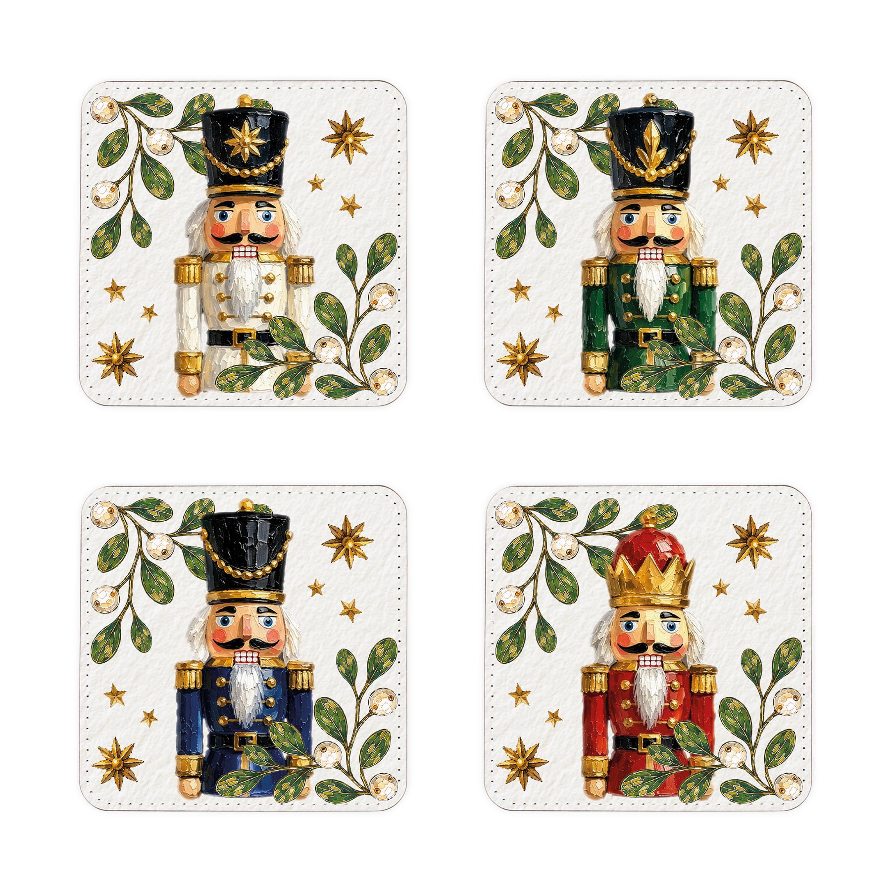 Festive Nutcrackers Faux Leather Christmas Coasters - Mixed Set of 4
