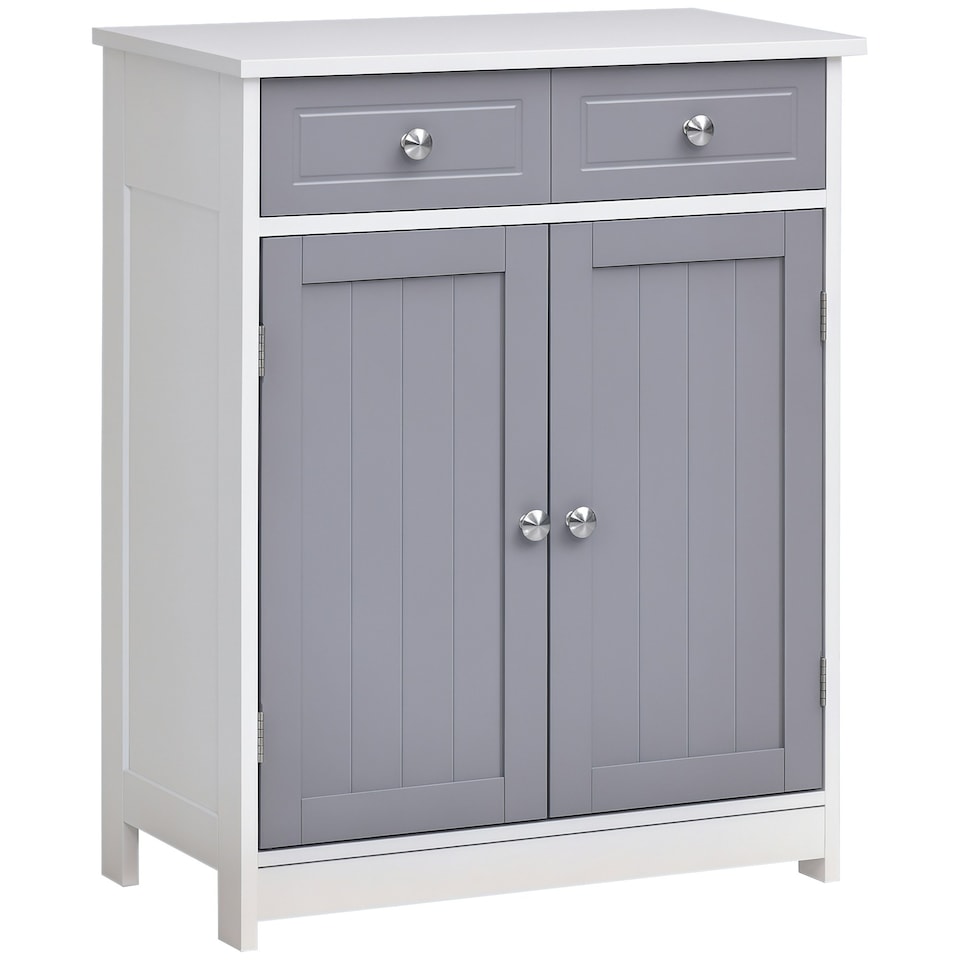 image 1 of kleankin Bathroom Floor Storage Cabinet w/ 2 Drawers Door Cupboard Grey White