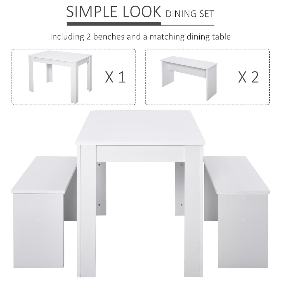 image 1 of HOMCOM Kitchen Dining Table and 2 Benches Set, Table and Chairs Set for Limited Space, White